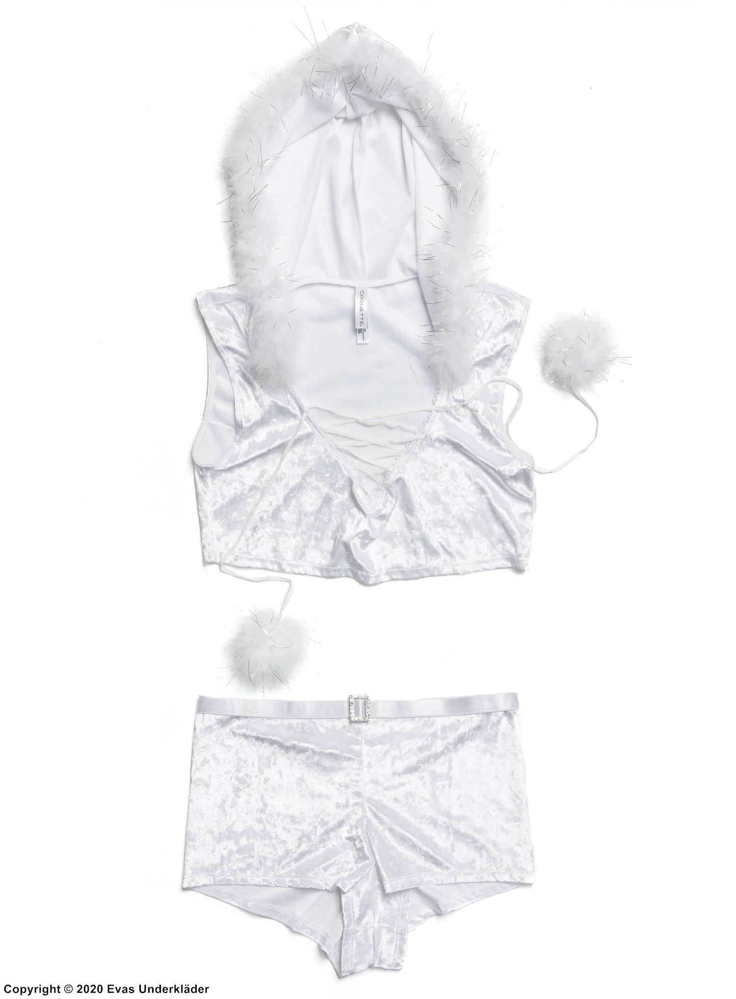 Crop top og shorts, elastisk fløyel, fuskepels, hette, dusk, glanspapir, plus size